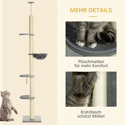 Katės draskyklė, lubų aukštis 230-250 cm, su hamaku, reguliuojamo aukščio, pilka + kreminė balta