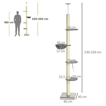 Katės draskyklė, lubų aukštis 230-250 cm, su hamaku, reguliuojamo aukščio, pilka + kreminė balta
