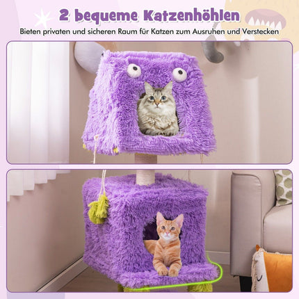 Draskyklė katėms, maža, 111 cm, monstrų tematikos, kačių dresuotojas, 2 urvai katėms ir nuimamas viršus, violetinė