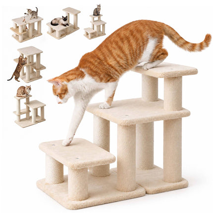 Cat Stairs with 3 Steps and Sisal Posts, 6-in-1 Adjustable – Beige, Max. 40 kg