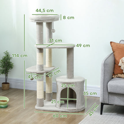 Kačių bokštas 114 cm, sizalio stulpai, kelių aukštų, šviesiai pilkas