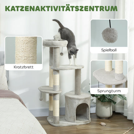 Kačių bokštas 114 cm, sizalio stulpai, kelių aukštų, šviesiai pilkas