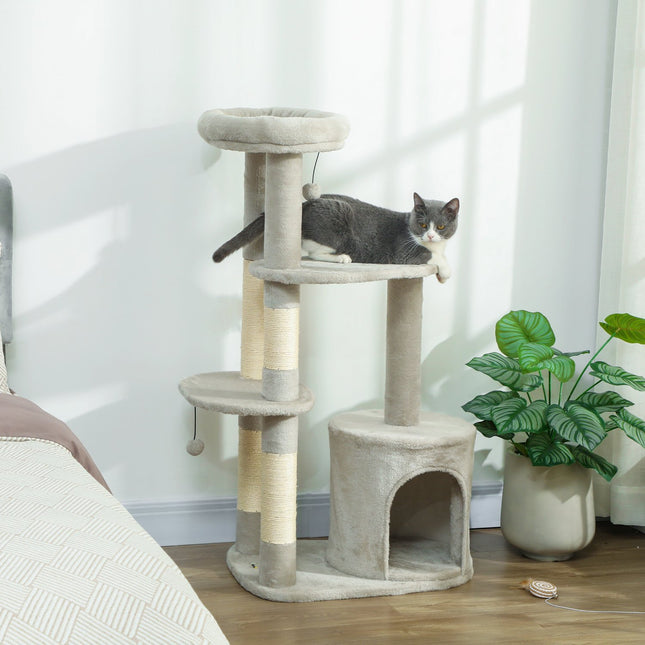 Kačių bokštas 114 cm, sizalio stulpai, kelių aukštų, šviesiai pilkas
