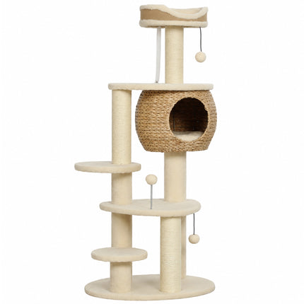 Cat Tree 132 cm with Woven Cattail Cave and Top Bed, 3 Sisal Posts, Up to 6 kg