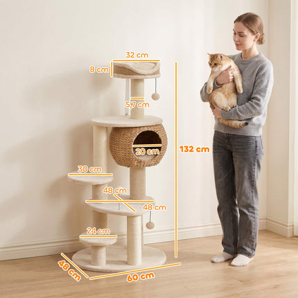 Cat Tree 132 cm with Woven Cattail Cave and Top Bed, 3 Sisal Posts, Up to 6 kg