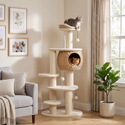 Cat Tree 132 cm with Woven Cattail Cave and Top Bed, 3 Sisal Posts, Up to 6 kg