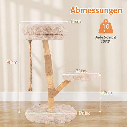 Kačių dreistuvas su 3 pliušinėmis platformomis, džiuto stulpais, 90 cm, smėlio spalvos