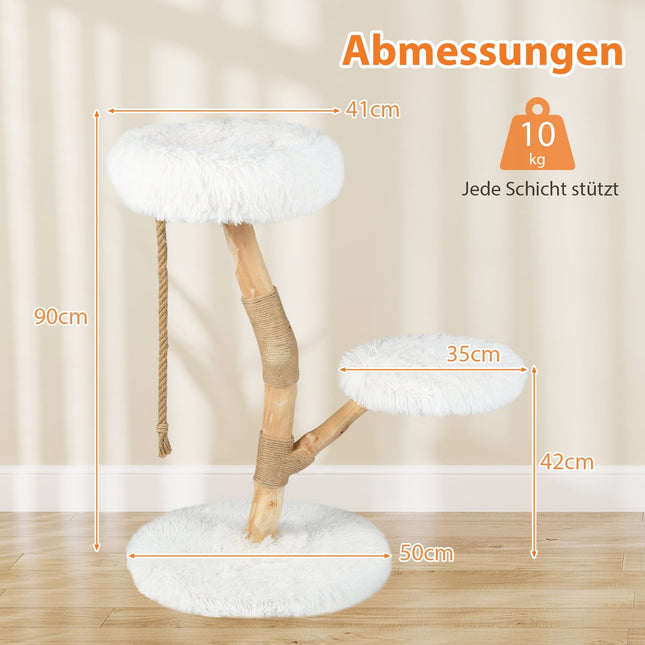 Kačių dreistuvas su 3 pliušinėmis platformomis, džiuto stulpais, 90 cm