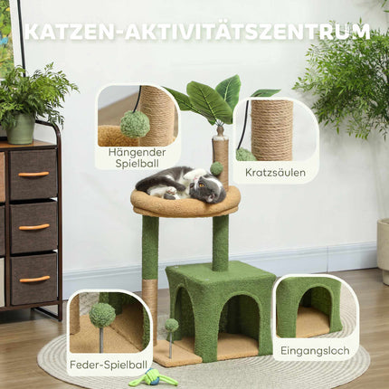 Kačių dreistuvas su ola, guoliu ir džiuto stulpais – 98 cm, lapų raštas