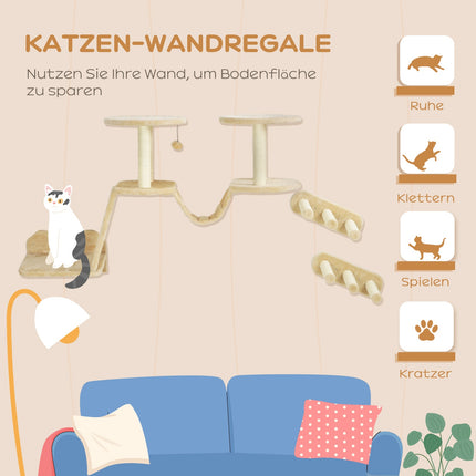 Cat climbing wall set with scratching post, sisal, beige