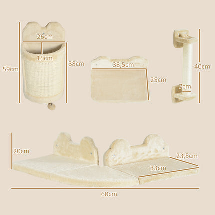 Cat climbing wall set, 4-piece plush furniture, beige