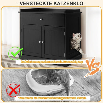 Kačių namelis su stalčiumi ir 2 durelėmis, 3 viename kačių namelis, kačių kraiko dėžė, šoninis staliukas, juodas