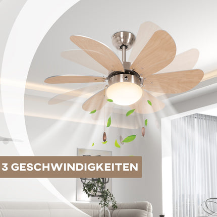 Lubinis ventiliatorius su LED apšvietimu, 16 W lubinis šviestuvas su ventiliatoriumi, pakabinamu šviestuvu, 6 abipusiai menčių, svetainėms, buko mediena