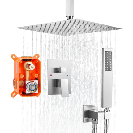 Ceiling-Mount Shower System, 12 in Square, Handheld, Brushed Nickel