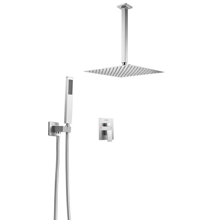 Ceiling-Mount Shower System, 12 in Square, Handheld, Brushed Nickel