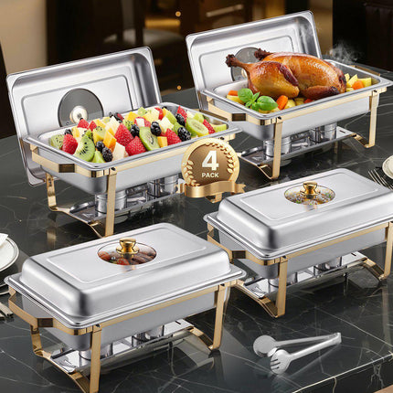 Chafing Dish Set, 4 Pack 8 Qt Stainless Steel, Glass Lid