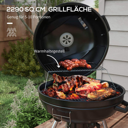 Charcoal grill with wheels, shelf and thermometer