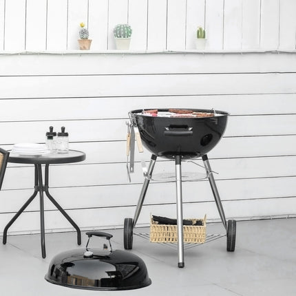 Charcoal grill with lid, thermometer & shelf - 65x65x108cm