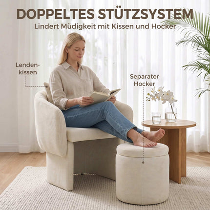 Chenille Lounge Chair with Footstool and Lumbar Cushion, Beige, Nordic Style