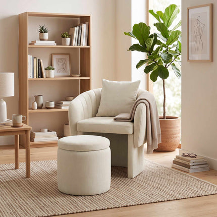 Chenille Lounge Chair with Footstool and Lumbar Cushion, Beige, Nordic Style