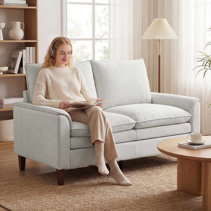 Šenilinė dvivietė sofa, kreminės spalvos, 24 cm pagalvėlė, aukšta atlošas