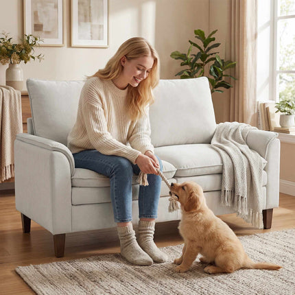 Šenilinė dvivietė sofa, kreminės spalvos, 24 cm pagalvėlė, aukšta atlošas