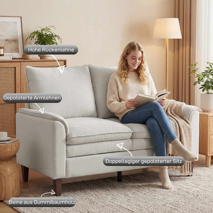 Šenilinė dvivietė sofa, kreminės spalvos, 24 cm pagalvėlė, aukšta atlošas