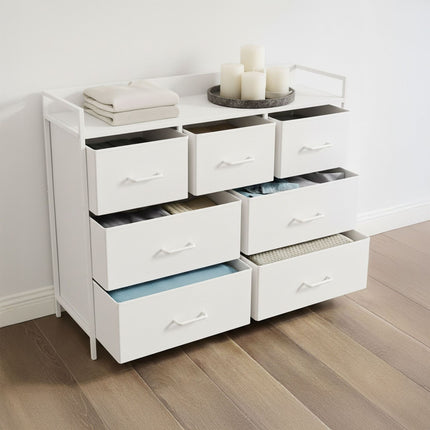 Komoda, 7 audinių dėžės, metalinė ir MDF