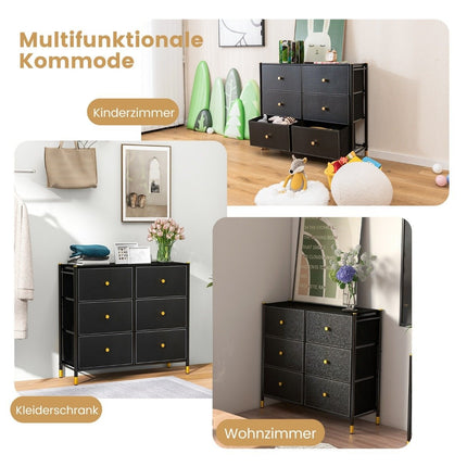 Komoda miegamajam su 6 stalčiais, aukšta audiniu aptraukta komoda su metaliniu rėmu, 89 x 30 x 76,5 cm, juoda