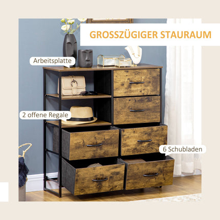 Industrial sideboard with 6 fabric drawers & 2 shelves, rustic brown