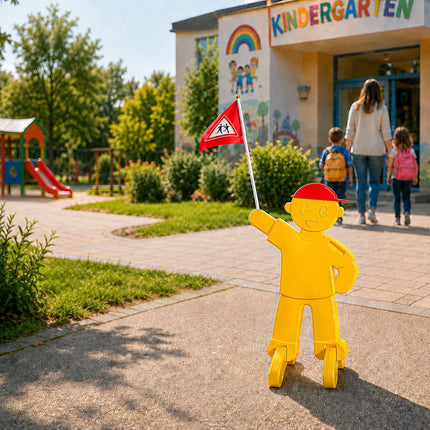Child Safety Warning Figure for Roads with Red Flag, Yellow, 84 cm Tall