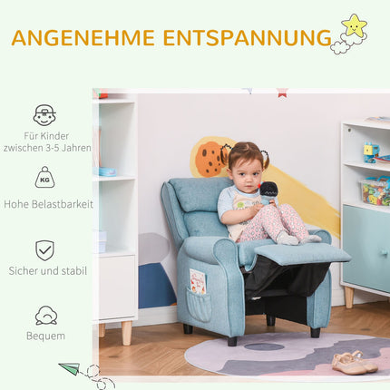 Vaikiška sofa su reguliuojamu atlošu ir pakoja, mėlyna, 3-5 metų vaikams, 58x53x70 cm