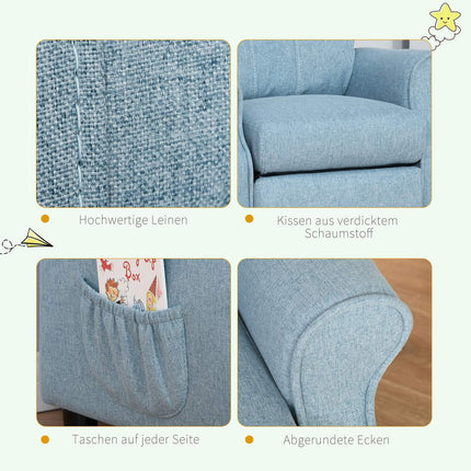 Vaikiška sofa su reguliuojamu atlošu ir pakoja, mėlyna, 3-5 metų vaikams, 58x53x70 cm