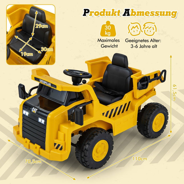 Vaikiškas elektrinis „Caterpillar“ 12 V savivartis su smėlio kastuvu, apverčiama platforma ir megafonu