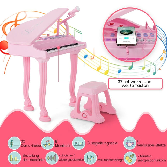 Vaikiškas klaviatūros instrumentas su 37 klavišais ir kėdute, elektroninis pianinas, 47 x 37 x 70 cm, rožinis