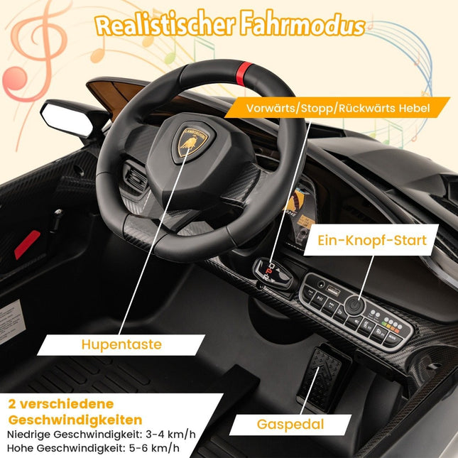 Vaikiškas elektrinis „Lamborghini“ automobilis su nuotolinio valdymo pultu, LED priekiniais žibintais, garso signalu ir muzika, juodas