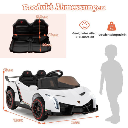 Vaikiškas elektrinis „Lamborghini“ automobilis su nuotolinio valdymo pultu, LED priekiniais žibintais, garso signalu ir muzika, baltas