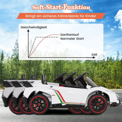 Vaikiškas elektrinis „Lamborghini“ automobilis su nuotolinio valdymo pultu, LED priekiniais žibintais, garso signalu ir muzika, baltas