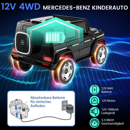 Vaikiškas „Mercedes-Benz“ elektrinis automobilis su 2,4 G nuotolinio valdymo pultu ir priekiniu žibintu, 12 V, juodas
