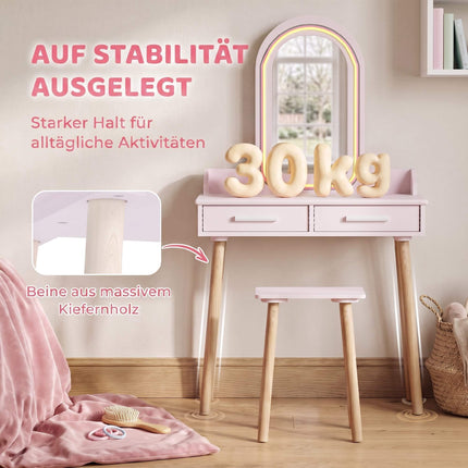 Vaikiškas kosmetinio staliuko komplektas su LED veidrodžiu ir taburetėle