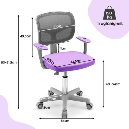 Vaikiška stalo kėdė, 360° pasukama, jaunimo kėdė, 80-91,5 cm, reguliuojamo aukščio, 54 x 50 x 80-91,5 cm, violetinė