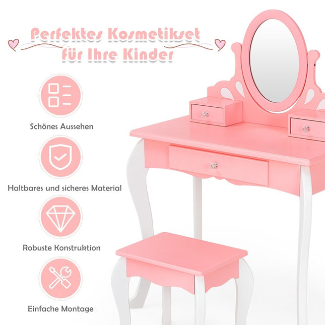 Vaikiškas tualetinis staliukas su taburete Princesės tualetinis staliukas su 3 stalčiais ir veidrodžiu, rožinis