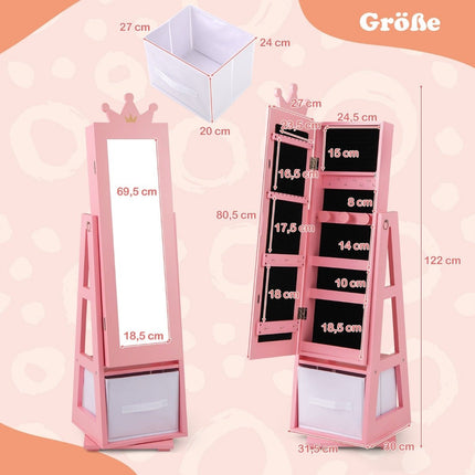 Children's jewelry cabinet 2 in 1 tilting mirror cabinet with full-length mirror 31.5 x 30 x 115 cm pink