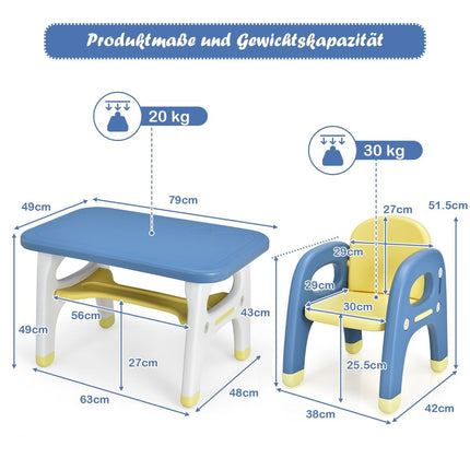Vaikų sėdimoji grupė su dinozaurų raštu, įskaitant konstrukcinius kaladėles iš HDPE, skirta vaikams nuo 3 metų. Mėlyna.
