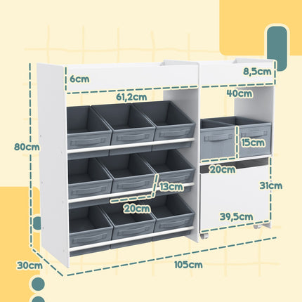 Toy shelf for children with 11 fabric drawers, 105x30x80 cm