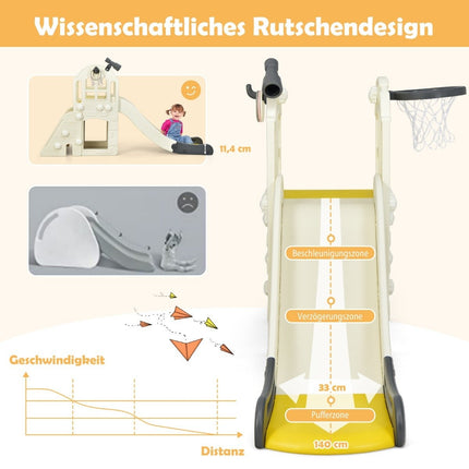 Children's slide climbing slide with basketball hoop ball ring toss and telescope 189.5 x 83 x 98 cm yellow