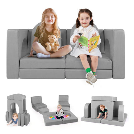 Vaikiška 8 dalių žaidimų sofa, pagaminta iš putplasčio kaladėlių su patogiu zomšos audiniu, pilka