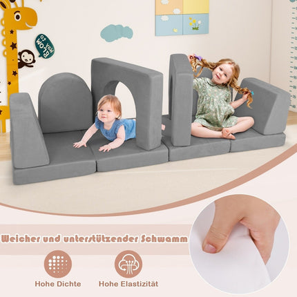 Vaikiška 8 dalių žaidimų sofa, pagaminta iš putplasčio kaladėlių su patogiu zomšos audiniu, pilka
