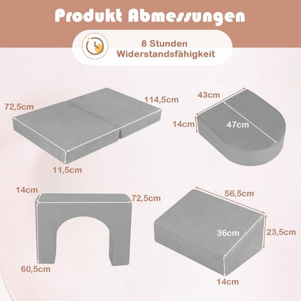 Vaikiška 8 dalių žaidimų sofa, pagaminta iš putplasčio kaladėlių su patogiu zomšos audiniu, pilka