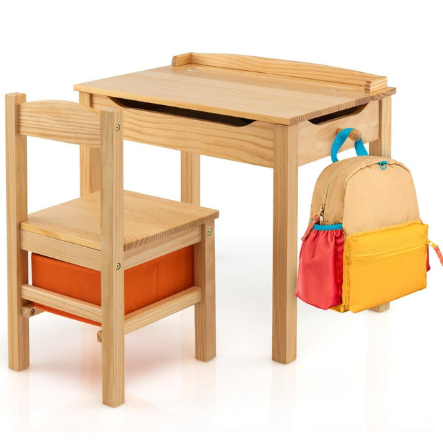 Children's table + chair made of solid wood with folding table top & drawer & hooks natural